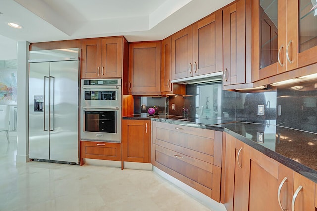 kitchen with tasteful backsplash, a raised ceiling, dark stone counters, and appliances with stainless steel finishes