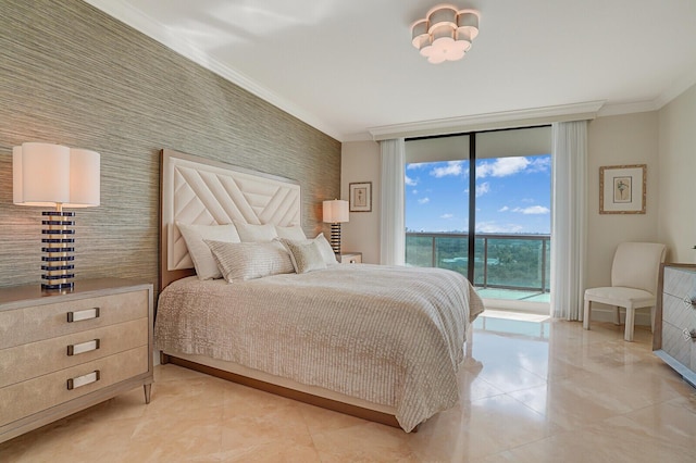 bedroom featuring ornamental molding, access to exterior, and a wall of windows