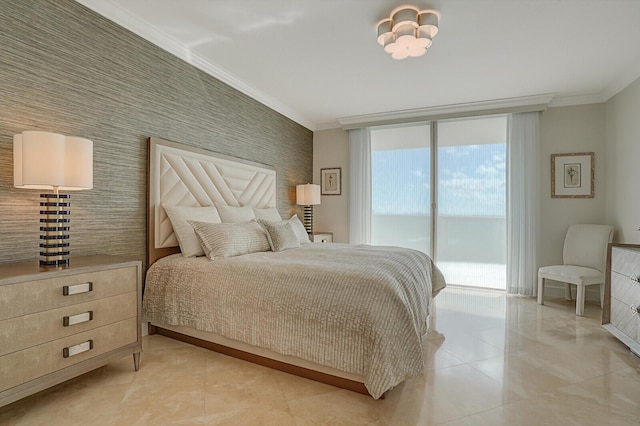 bedroom featuring crown molding and access to exterior