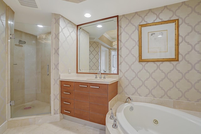 bathroom with plus walk in shower and vanity