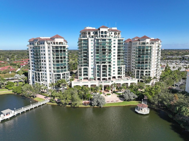 view of building exterior with a water view