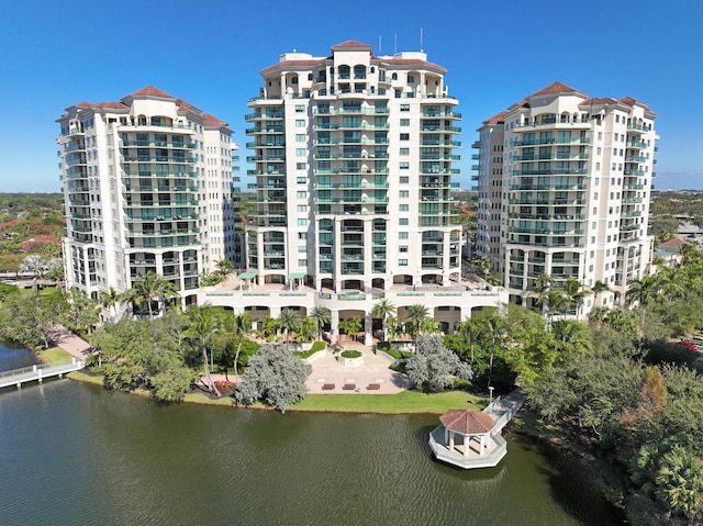 view of building exterior featuring a water view