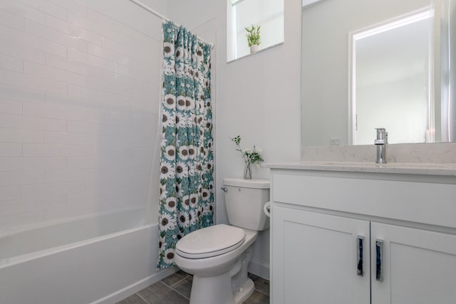 full bathroom with hardwood / wood-style flooring, shower / bath combination with curtain, toilet, and vanity