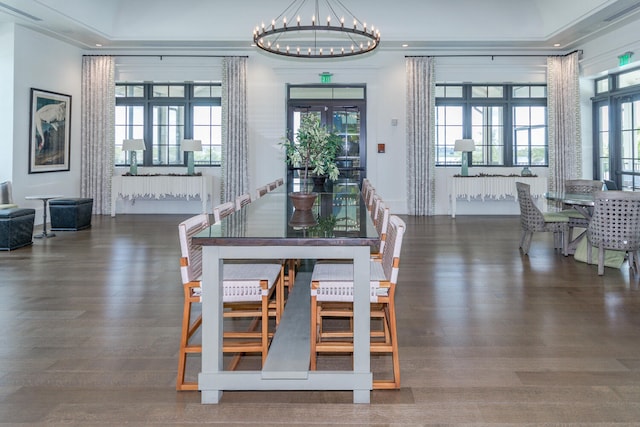 dining space with dark hardwood / wood-style flooring, a tray ceiling, an inviting chandelier, and a healthy amount of sunlight