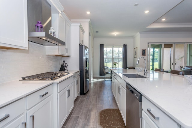 kitchen with sink, white cabinets, wall chimney range hood, and appliances with stainless steel finishes