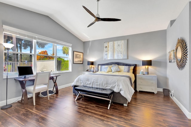 bedroom featuring vaulted ceiling, ceiling fan, and dark hardwood / wood-style floors