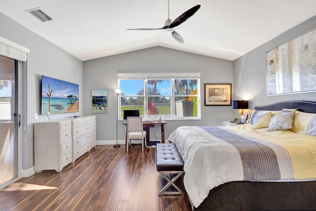 bedroom with dark hardwood / wood-style floors, ceiling fan, lofted ceiling, and multiple windows