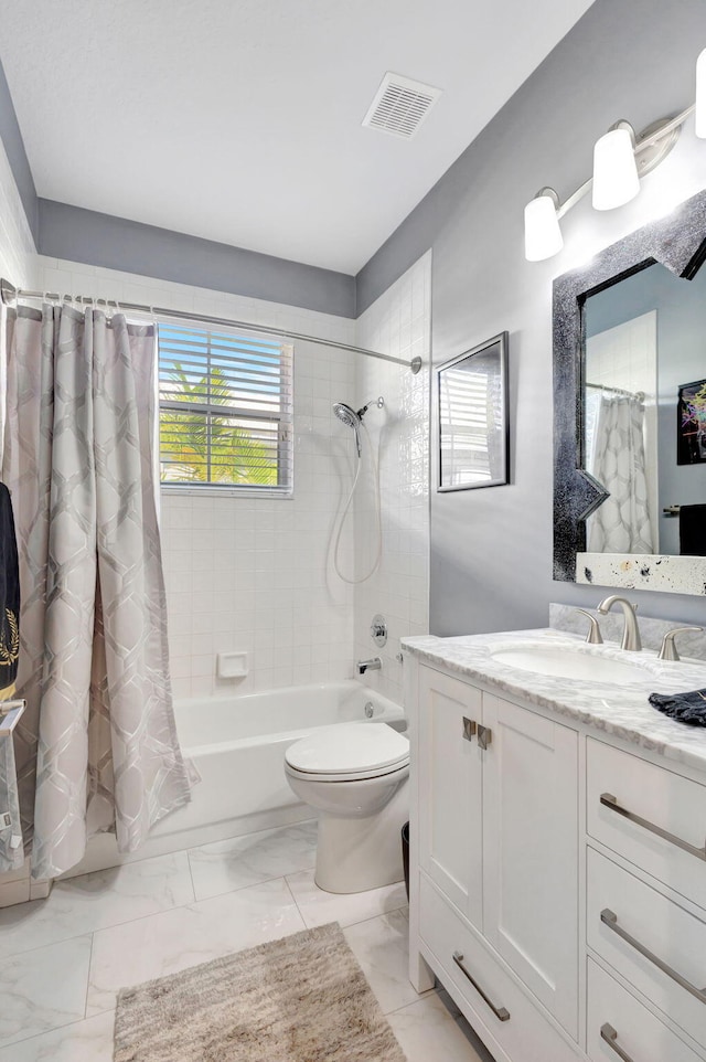 full bathroom with vanity, shower / bathtub combination with curtain, and toilet