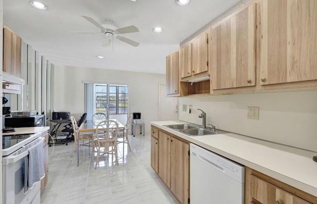 kitchen featuring white appliances, ceiling fan, exhaust hood, sink, and light brown cabinets