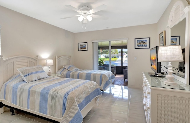 tiled bedroom featuring access to outside and ceiling fan