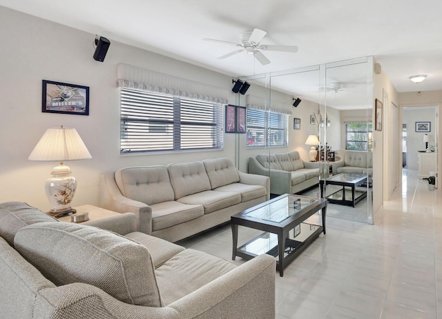 living room featuring ceiling fan