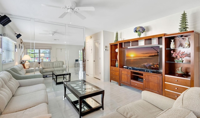 living room with ceiling fan