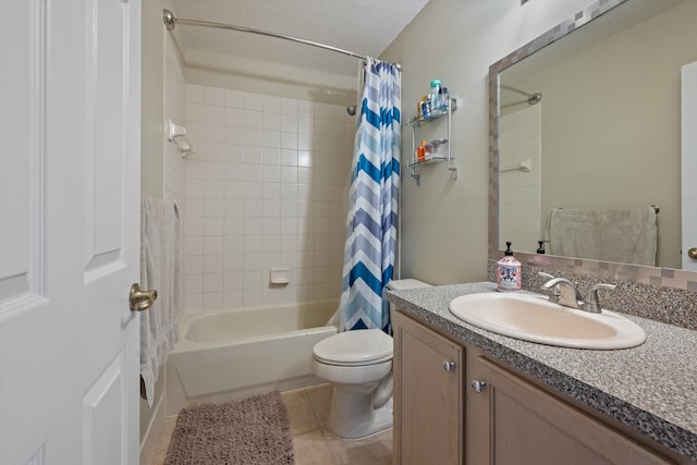 bathroom featuring vanity, toilet, tile patterned flooring, and shower / tub combo with curtain