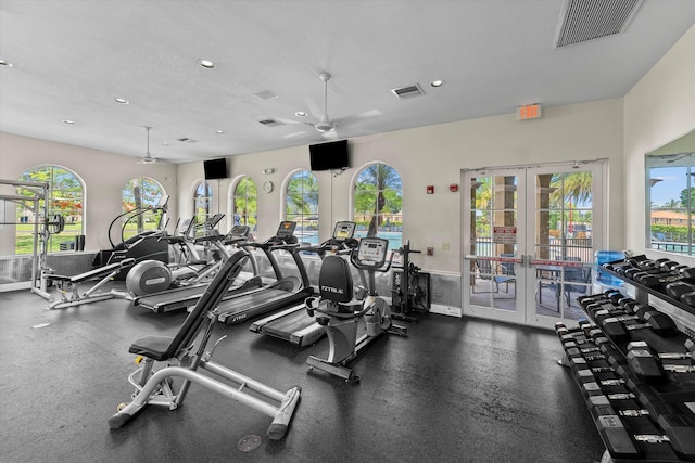 workout area with french doors, visible vents, and a wealth of natural light