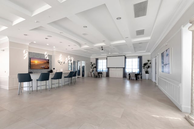 interior space with crown molding, beamed ceiling, and coffered ceiling