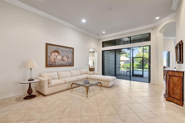 tiled living room with ornamental molding