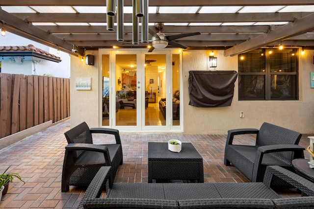 view of patio / terrace with french doors, ceiling fan, and a pergola