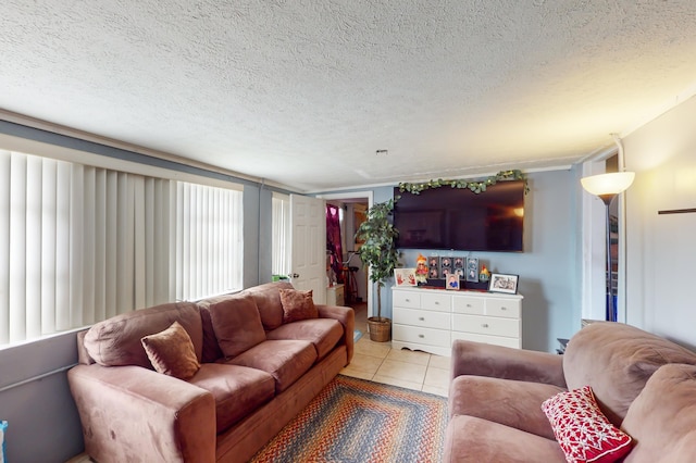 tiled living room with a textured ceiling