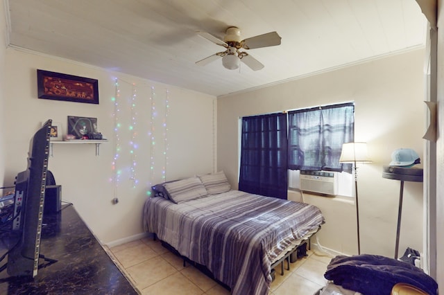 bedroom with ceiling fan, cooling unit, light tile patterned floors, and crown molding