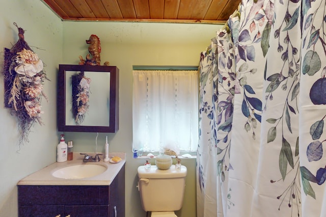 bathroom featuring vanity, toilet, and wood ceiling