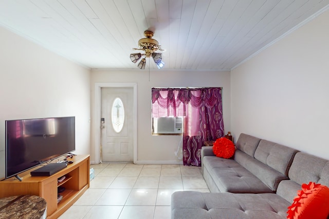 tiled living room featuring ceiling fan, cooling unit, wooden ceiling, and ornamental molding