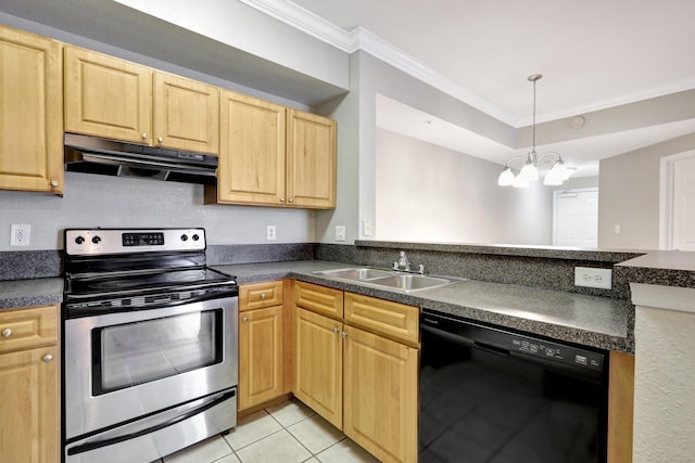 kitchen with stainless steel range with electric stovetop, ornamental molding, sink, an inviting chandelier, and black dishwasher