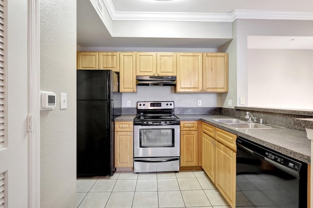 kitchen featuring light tile patterned floors, sink, crown molding, and black appliances