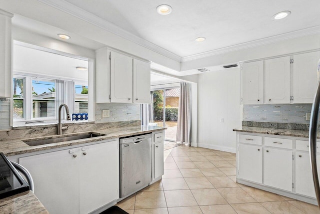 kitchen featuring white cabinets, decorative backsplash, stainless steel dishwasher, and sink