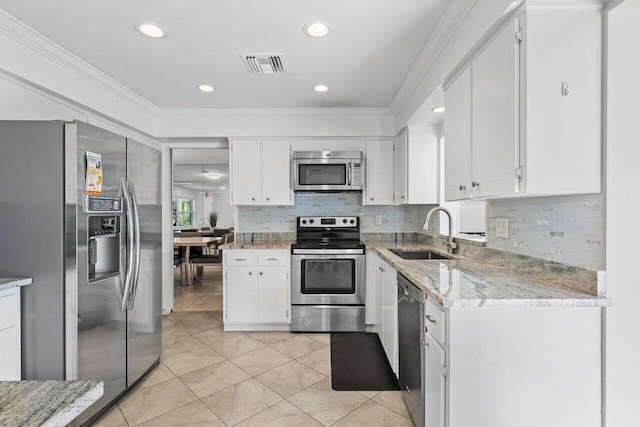 kitchen with white cabinetry, sink, ornamental molding, and appliances with stainless steel finishes