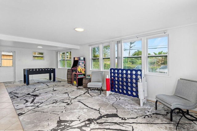 living area featuring light tile patterned floors