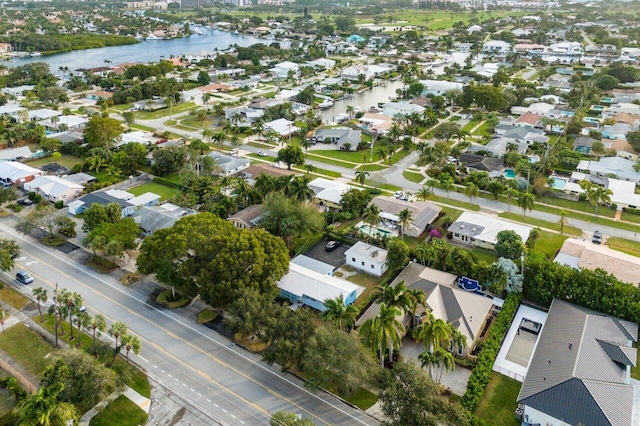 bird's eye view with a water view