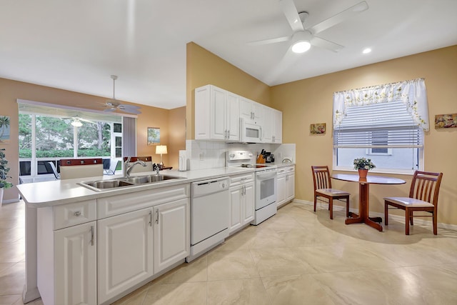 kitchen featuring kitchen peninsula, sink, white cabinets, and white appliances