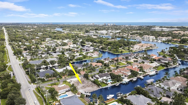 aerial view featuring a water view