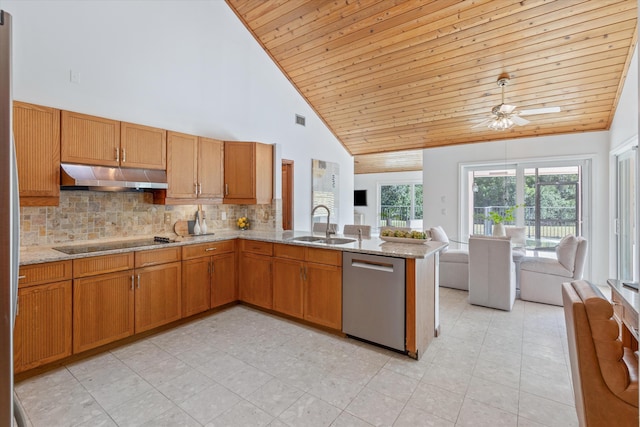 kitchen featuring sink, dishwasher, high vaulted ceiling, kitchen peninsula, and black electric stovetop