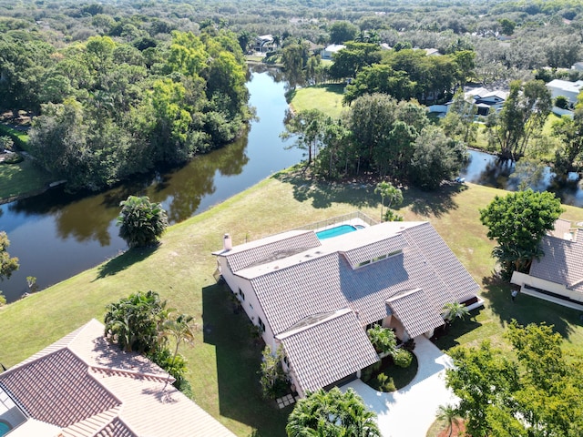 aerial view featuring a water view