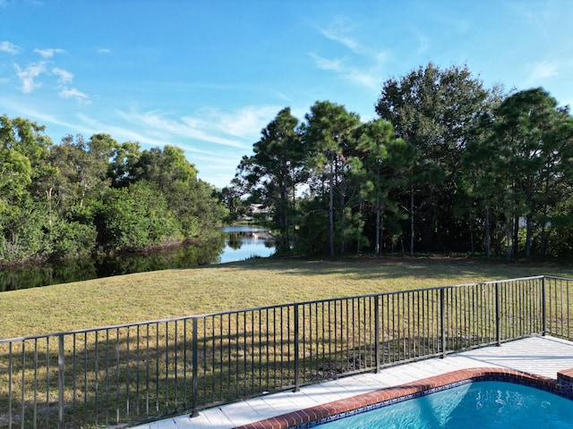 view of pool with a water view