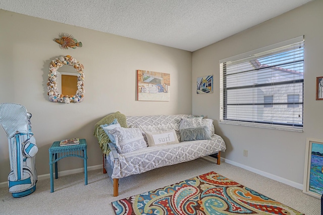 living area with carpet, a textured ceiling, and a healthy amount of sunlight