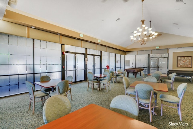 dining space with carpet, vaulted ceiling, and a notable chandelier