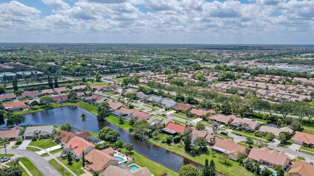 drone / aerial view featuring a water view