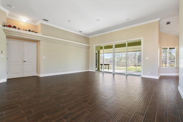 empty room featuring dark hardwood / wood-style flooring and crown molding