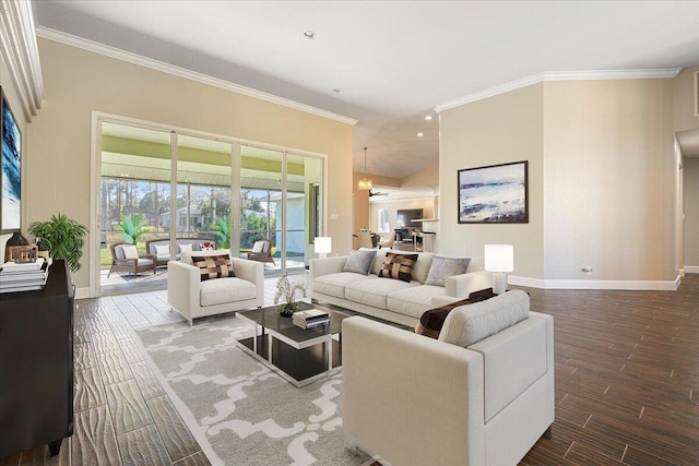 living room with wood-type flooring, ornamental molding, and an inviting chandelier