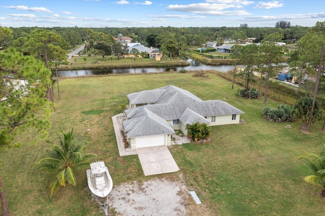 drone / aerial view featuring a water view