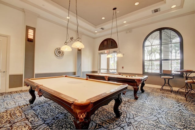 playroom with ornamental molding and billiards