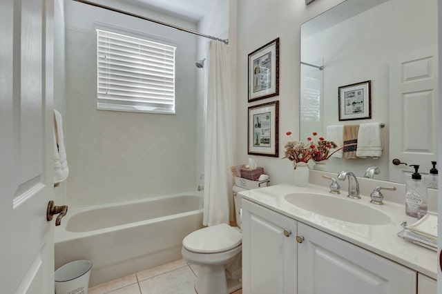 full bathroom featuring tile patterned floors, vanity, toilet, and shower / bathtub combination with curtain