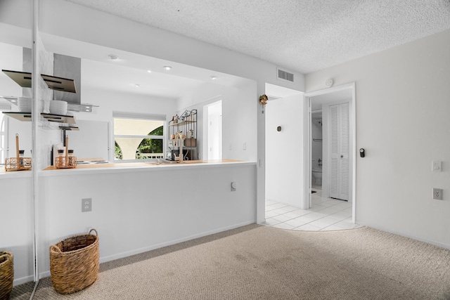 interior space with a textured ceiling and light carpet