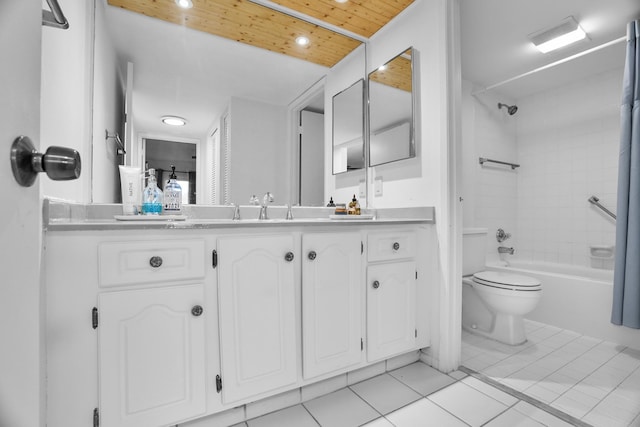 full bathroom with tile patterned flooring, toilet, shower / bath combo, vanity, and wood ceiling