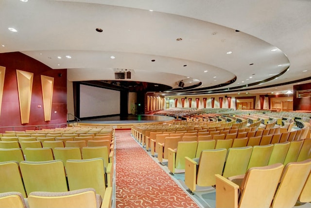 cinema featuring a raised ceiling and carpet flooring