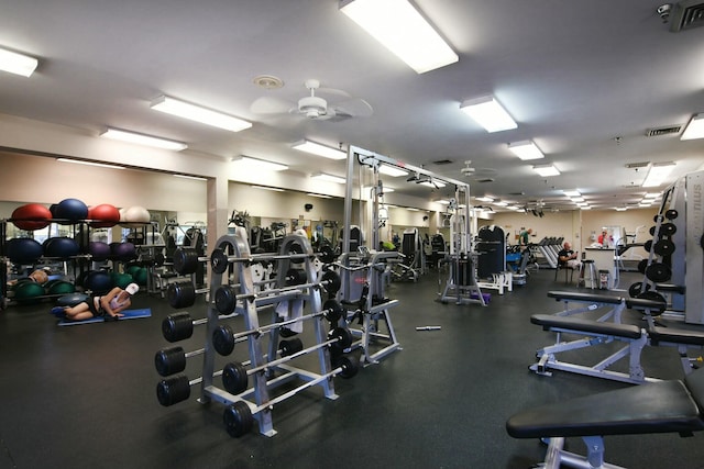 exercise room featuring ceiling fan