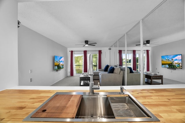 kitchen with sink, wooden counters, hardwood / wood-style floors, and a textured ceiling