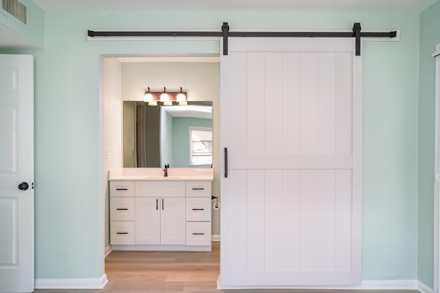 bathroom featuring hardwood / wood-style flooring and vanity